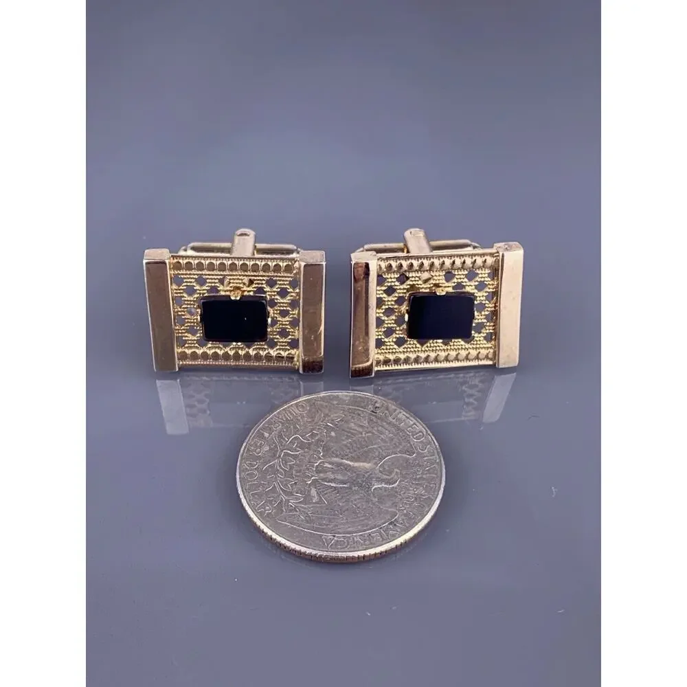 Black Obsidian Lattice Cufflinks Gold Plated Modernist Rectangle Dante Vintage